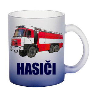 Skleněný hrnek 815 hasičské auto České výroby MODRÝ