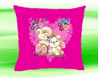 Polštářek medvídek s králíčkem 35x35 cm růžový